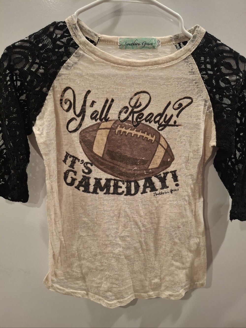 Southern Grace Cream Top with Black Lace Raglan Sleeves